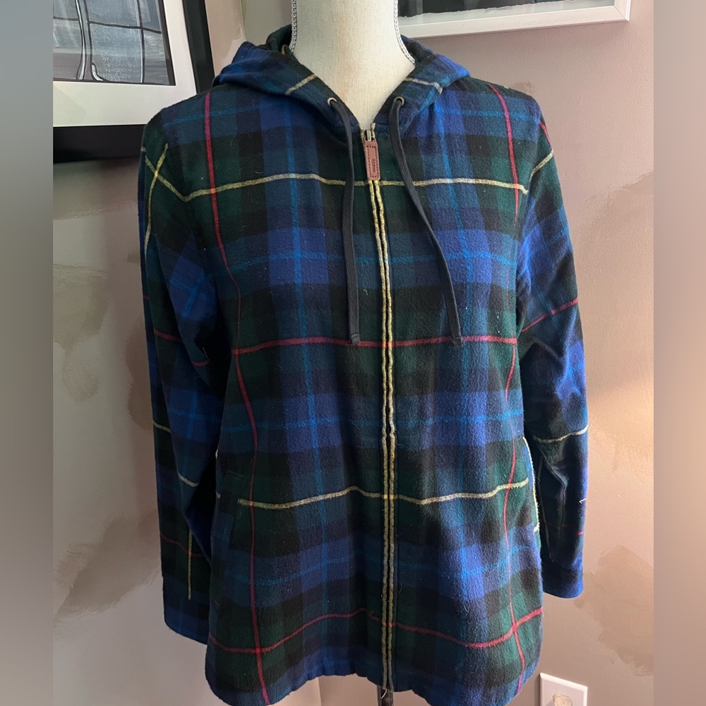 LL Bean Vintage Plaid Flannel Hoodie Shirt Jacket Shacket Womens Sz S Relaxed